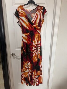 Olivia Matthews Rust, White & Green Floral Wrap Maxi Dress
